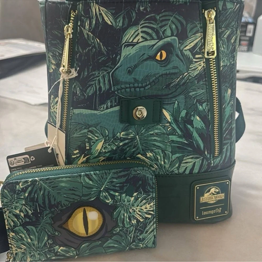 Loungefly Jurassic World Velociraptor Palm Mini backpack, Wallet, & Sling Bag